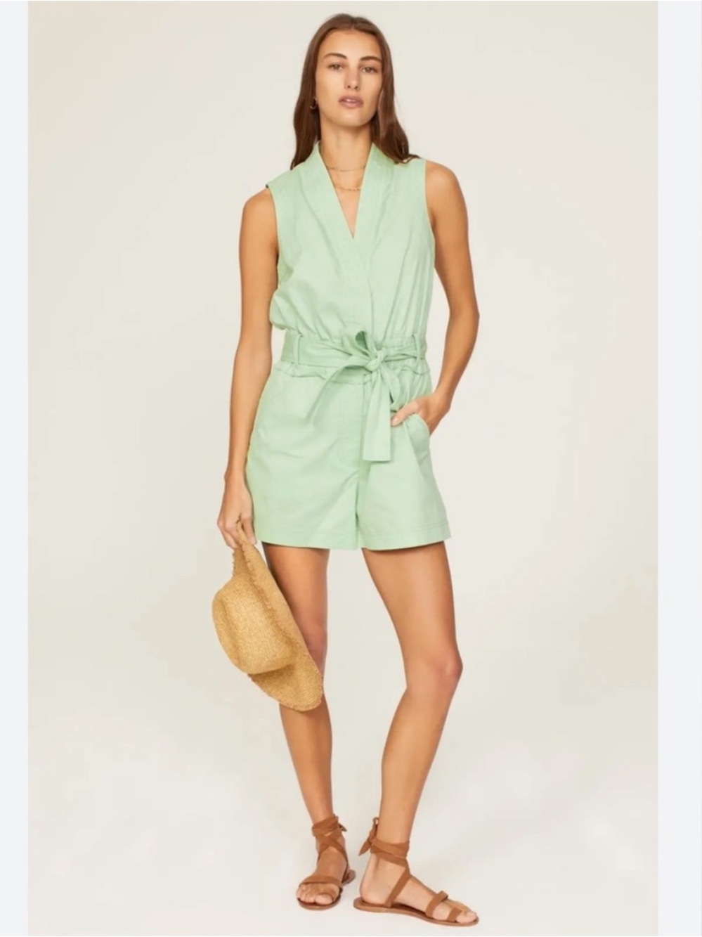 Derek Lam Mint Green Sleeveless Tie-Waist Romper